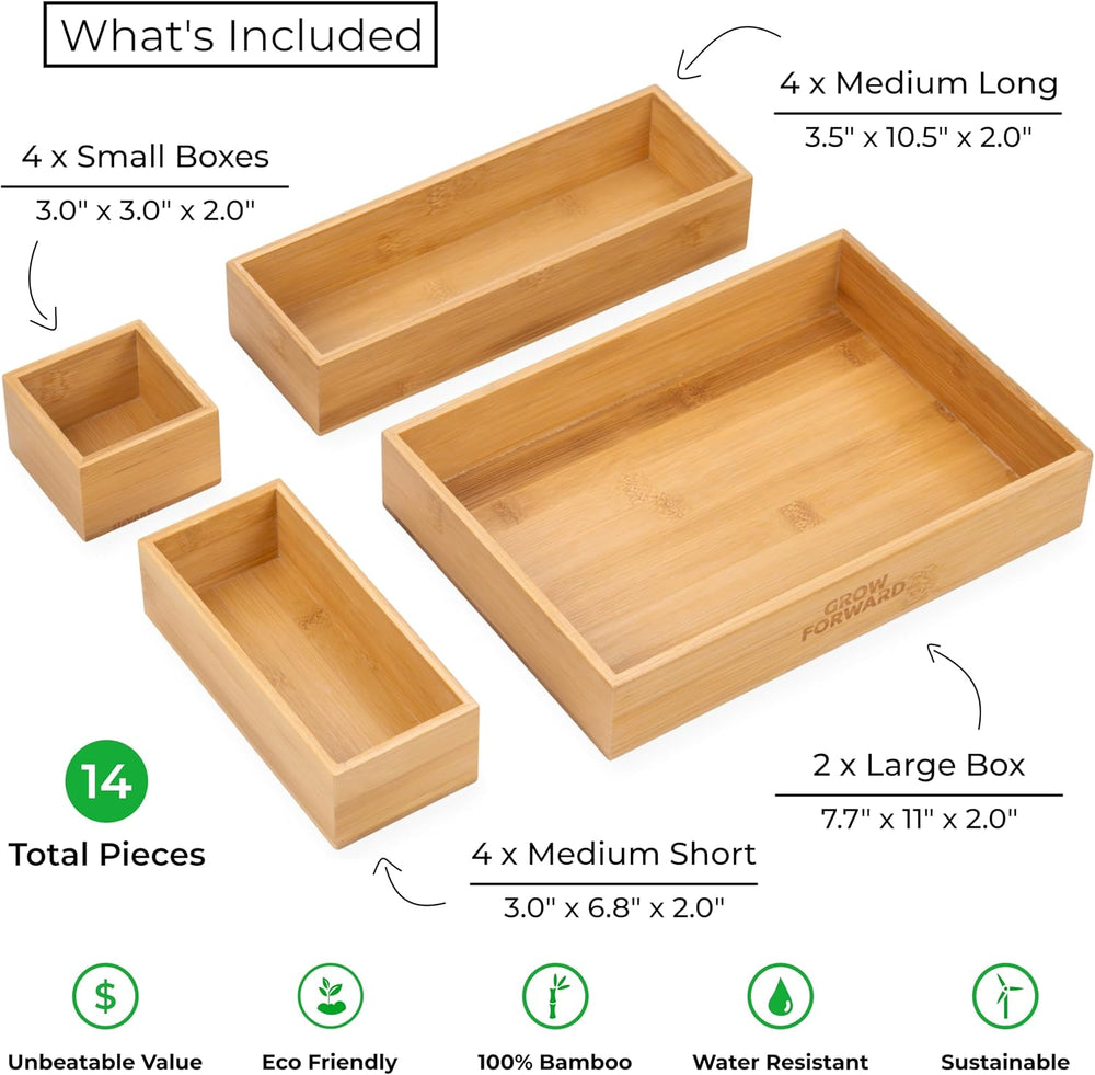 Grow Forward Bamboo Drawer Organizer Boxes - Set of 14 Wooden Drawer Organize...