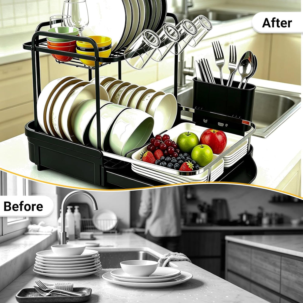 Dish Drying Rack for Kitchen Counter, Expandable 2-Tier Dish Drainer