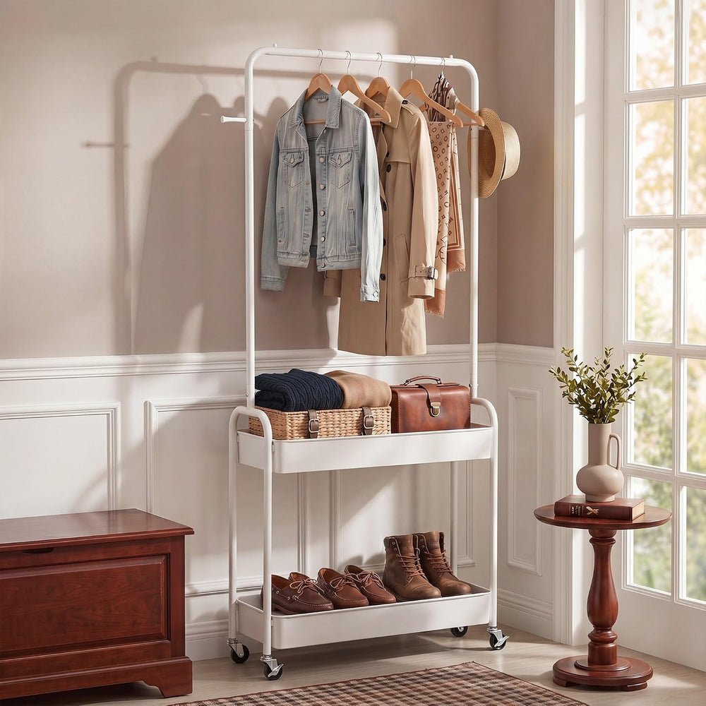 COSTWAY 3 in 1 Rolling Metal Clothes Rack with 2 Baskets & Hooks (White)