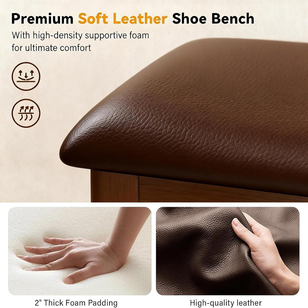 Wooden Shoe Storage Bench with Leather Cushion, Dark Brown, 39.4"