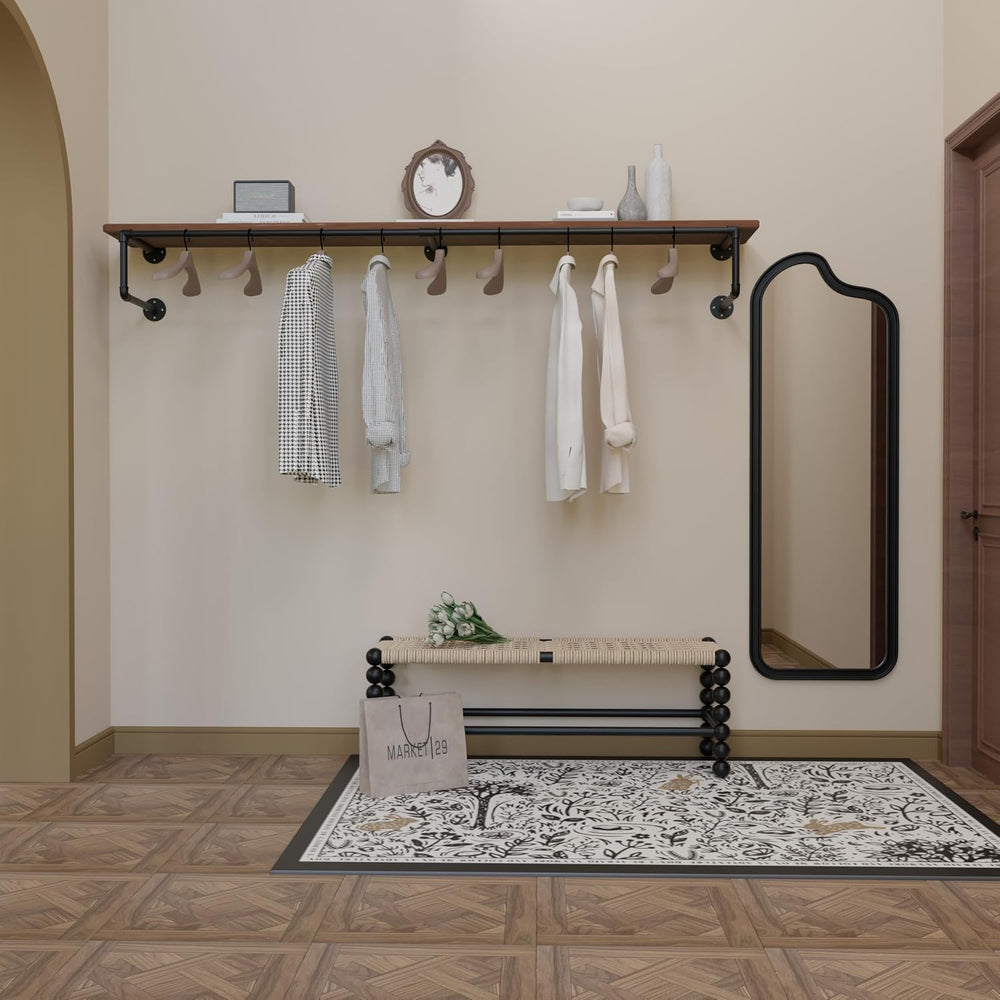 Clothes Rack 70in, Wall Mounted Garment Racks with Real Brown Wood Shelf, Hea...