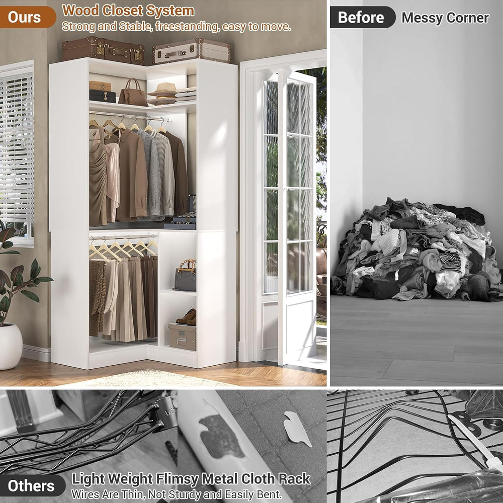 Aheaplus Corner Closet System with Shelves, L Shaped Walk-in Closets, White