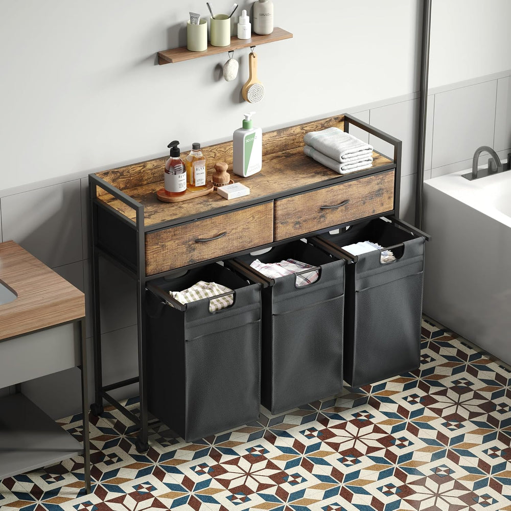 Mondeer 150L Laundry Sorter 3 Section with 3 Bags 4 Wheels 2 Drawers