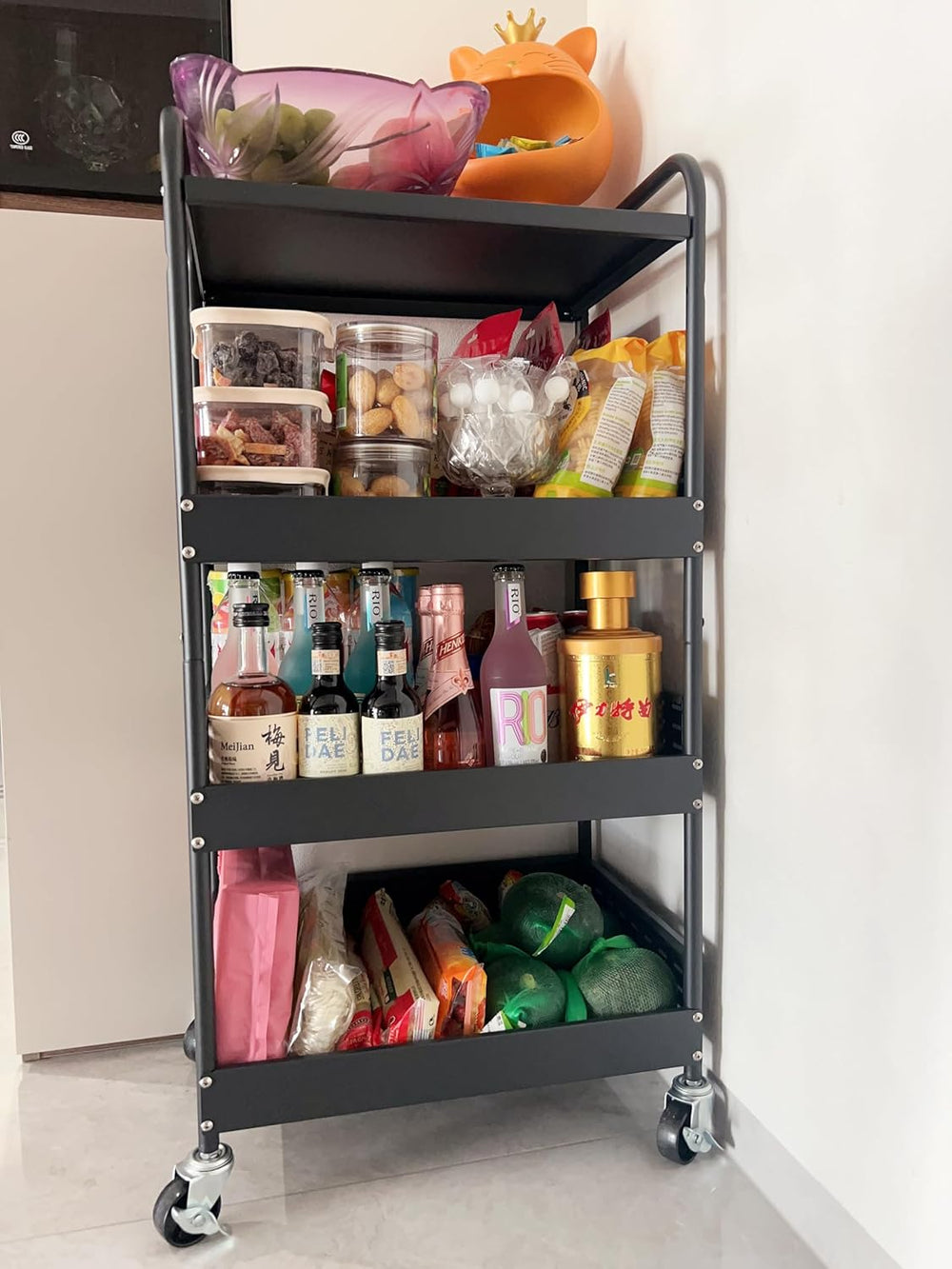 4 Tier Rolling Metal Storage Cart Heavy Duty Kitchen Utility Black