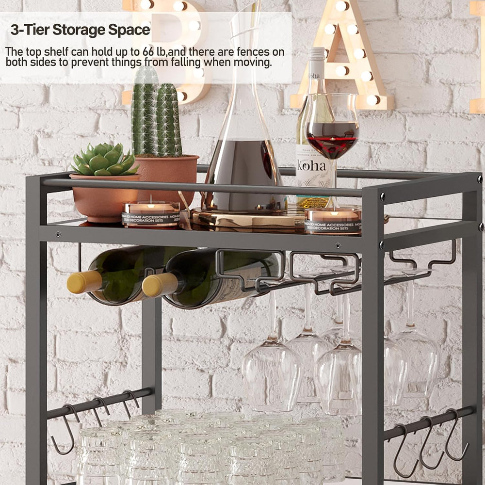 TUTOTAK Bar Cart with 3 Mirrored Shelves, Wine Rack & Glass Holder