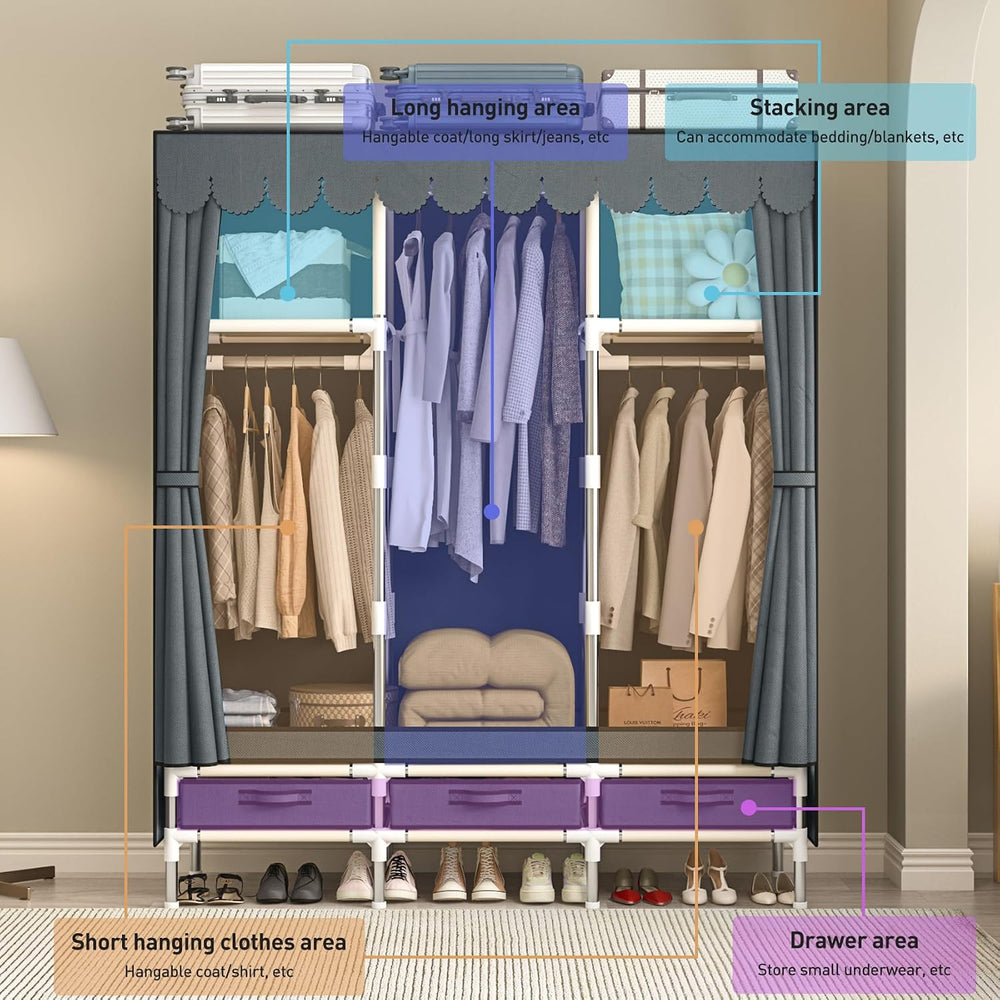 Portable Armoire Wardrobe Closet with 3 Drawers and 3 Hanging Rods,Cloth Clos...