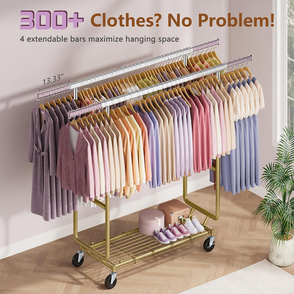 Hoctieon 2-Minute Assembly Double Rod Clothes Rack, Heavy Duty Rolling Clothi...