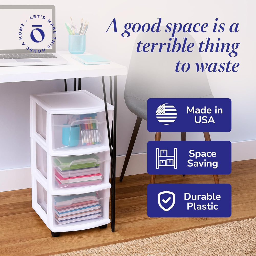 HOMZ Drawer Tower, 3-Tier Storage Cart with Removable Wheels, White Frame