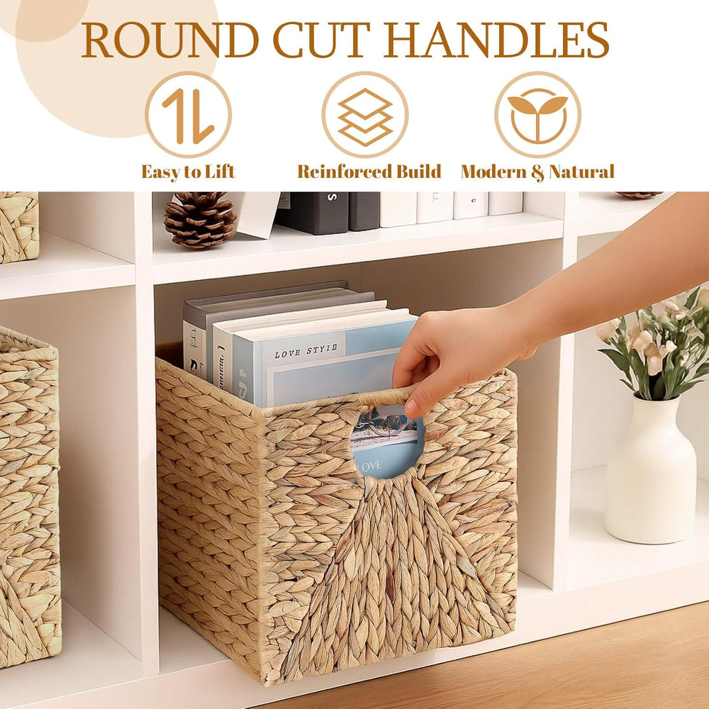 Jinei 6 Pcs Water Hyacinth Storage Baskets 12"x12"x12" Wood Color