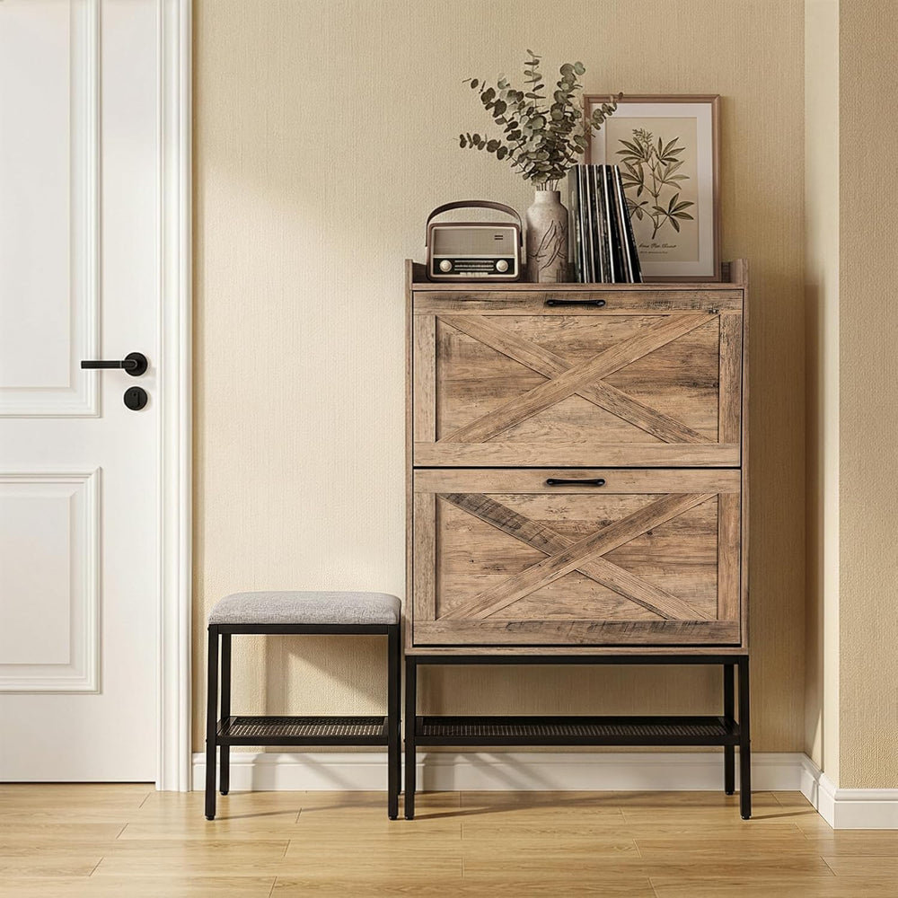 Karl home Grey Farmhouse Shoe Cabinet, Cushioned Entryway Bench Organizer