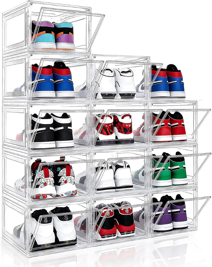 BVBOX 12 Pack Acrylic Shoe Storage Boxes with Magnetic Door - 360° Clear Stackable Shoe Display Box Set, Plastic Shoe Cabinet Rack Box for Sneakers Heels Shoes (12, Clear, L - Front Open)