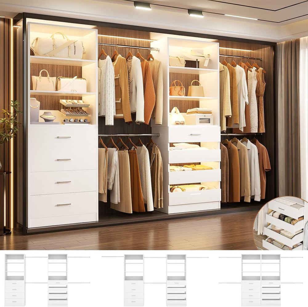 Aheaplus Closet System, 6-15Ft Closet Organizer with 8 Wooden Drawers,White