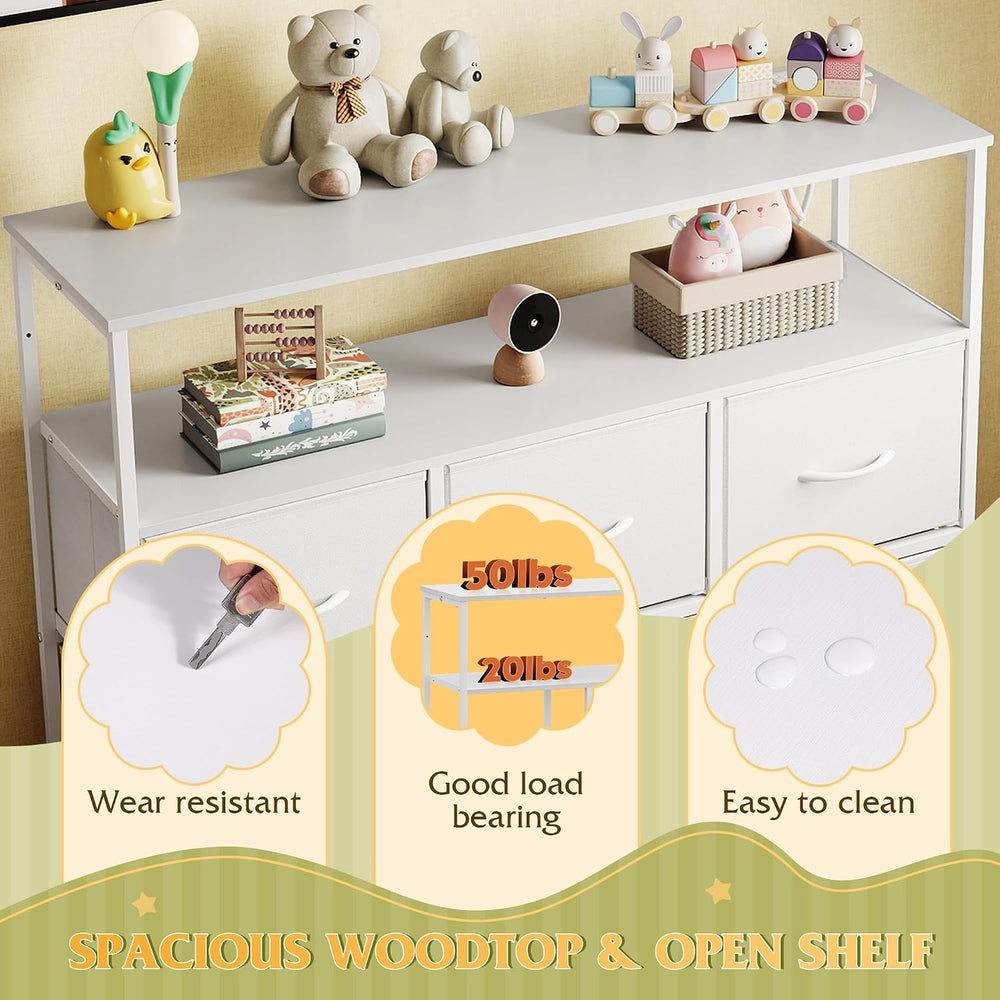 WLIVE White Dresser for Bedroom with 5 Drawers,Fabric Dresser with Charging S...