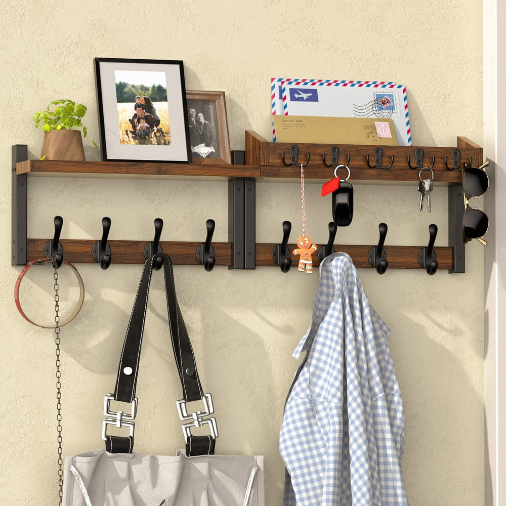 35'' Long Rustic Coat Rack Wall Mount with Shelf, Solid Wood Coat and...