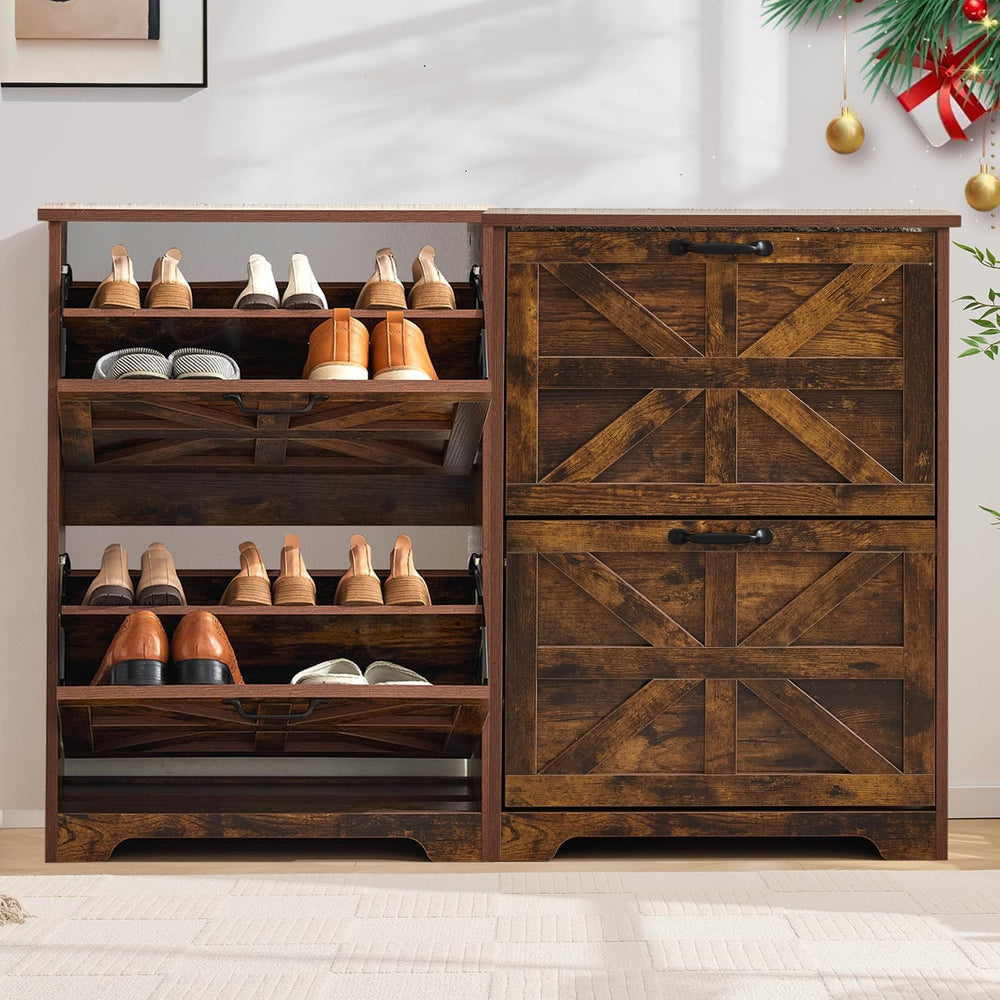 Farmhouse Narrow Shoe Storage Cabinet Set of 2, Space-Saving Freestanding Sho...