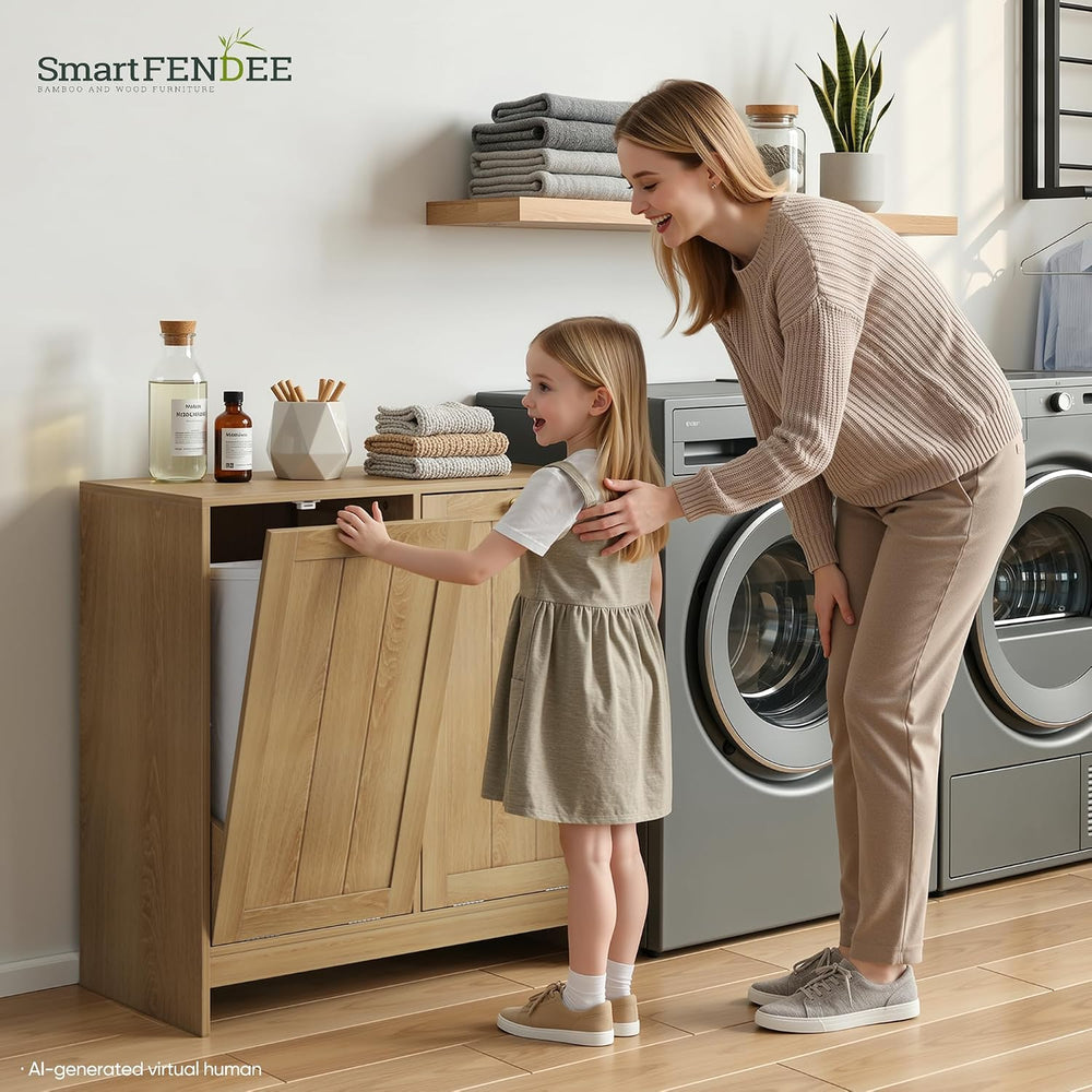 Smart FENDEE Double Tilt Out Laundry Hamper Cabinet, Small Hidden Trash Cabin...