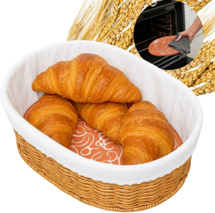 Bread Basket with Warmer – Woven Bread Basket with Terracotta Warming Stone, Keeps Bread Warm & Fresh, Serving Basket for Bread, Rolls & Pastries