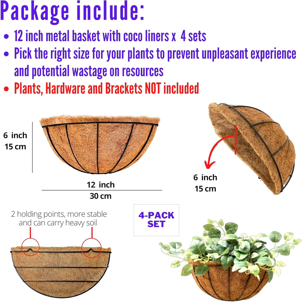 LaLaGreen Hanging Wall Planters (12 in, 4 Pack) Black Metal Flower Baskets