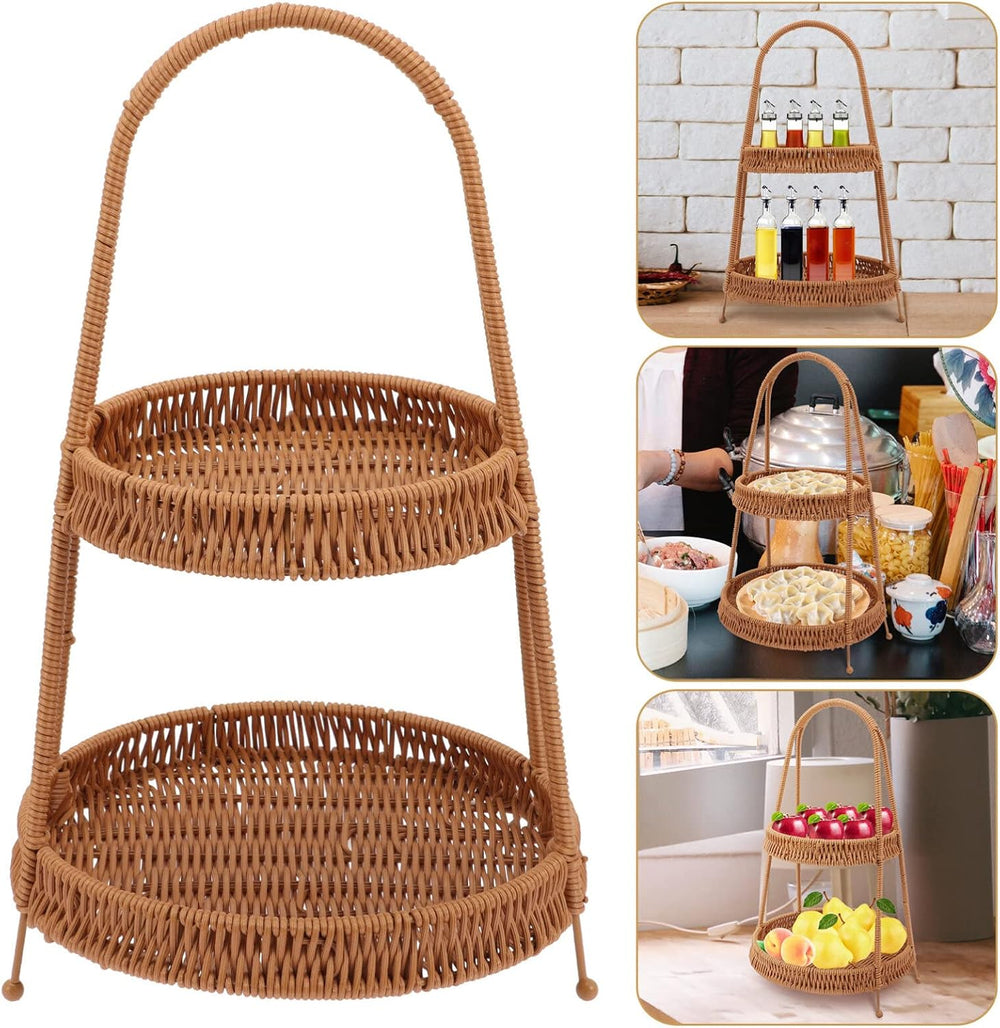 Kichvoe Handwoven Wicker Serving Baskets with Stand 2-tier Rattan Serving Tra...