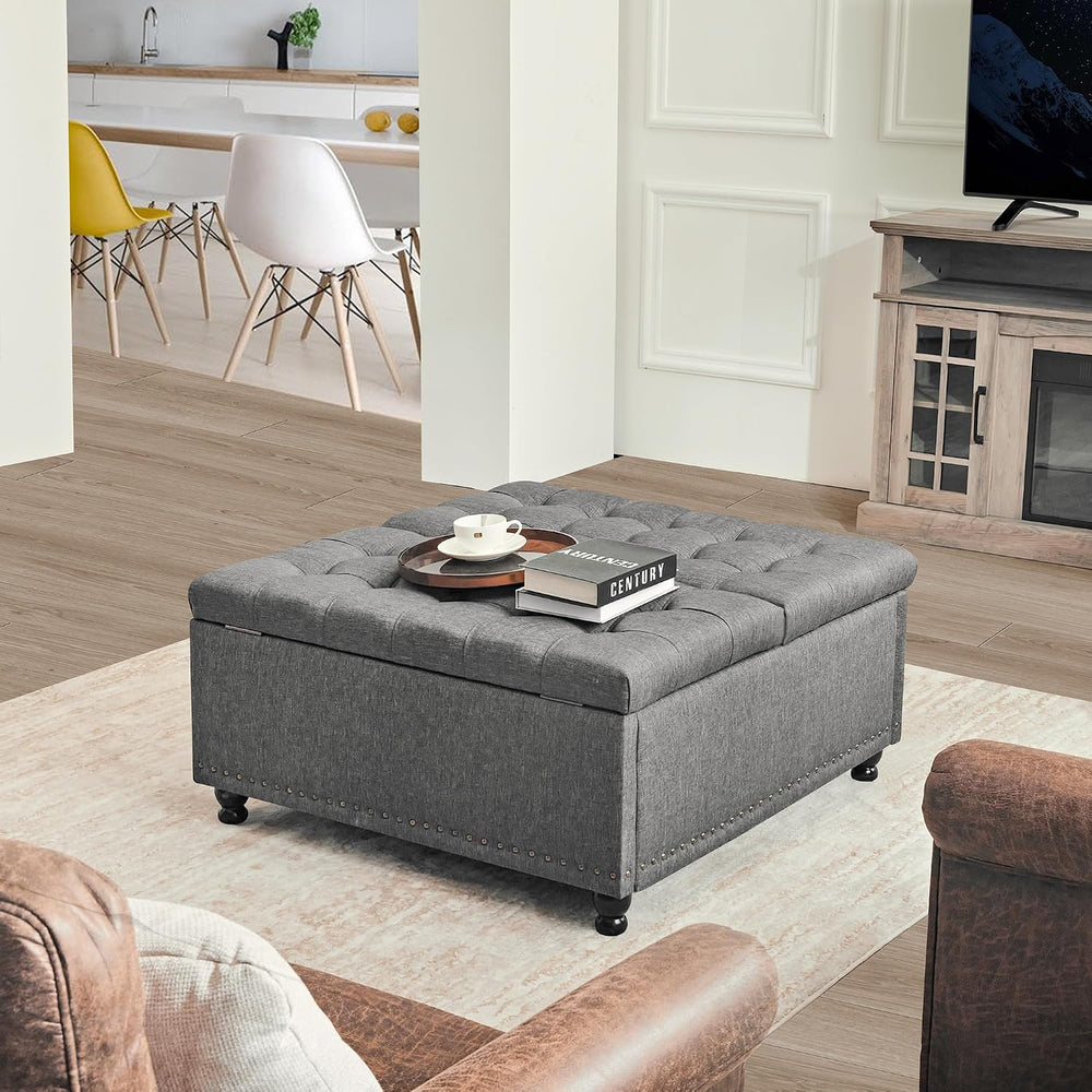 Redlife 35 Inch Large Square Storage Ottoman, Coffee Table Ottoman, Linen