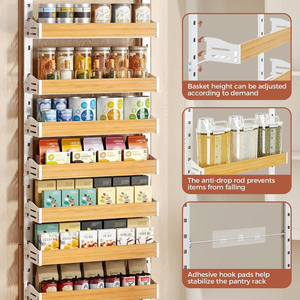 8-Tier Pantry Door Organizer, Over the Door Pantry Organizer with Wooden Adju...