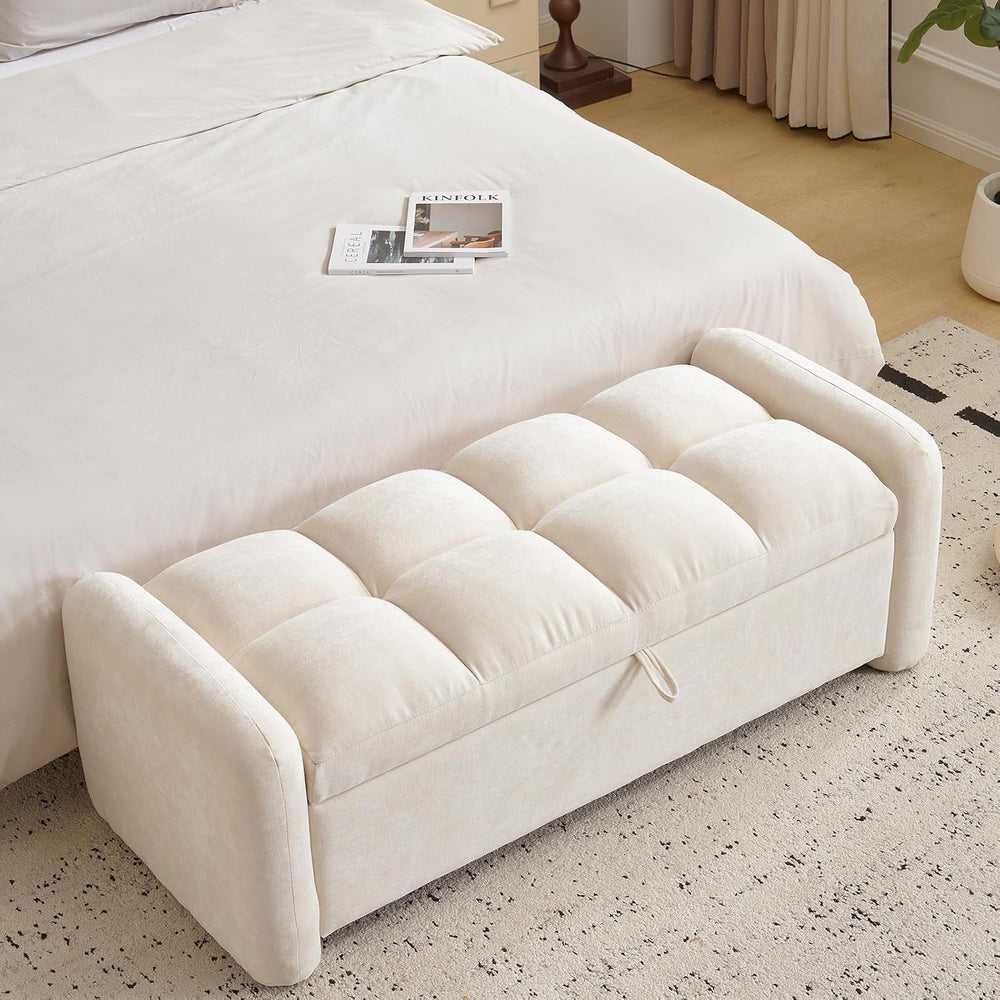 Oversized Ottoman Bench with Storage, Chenille Beige
