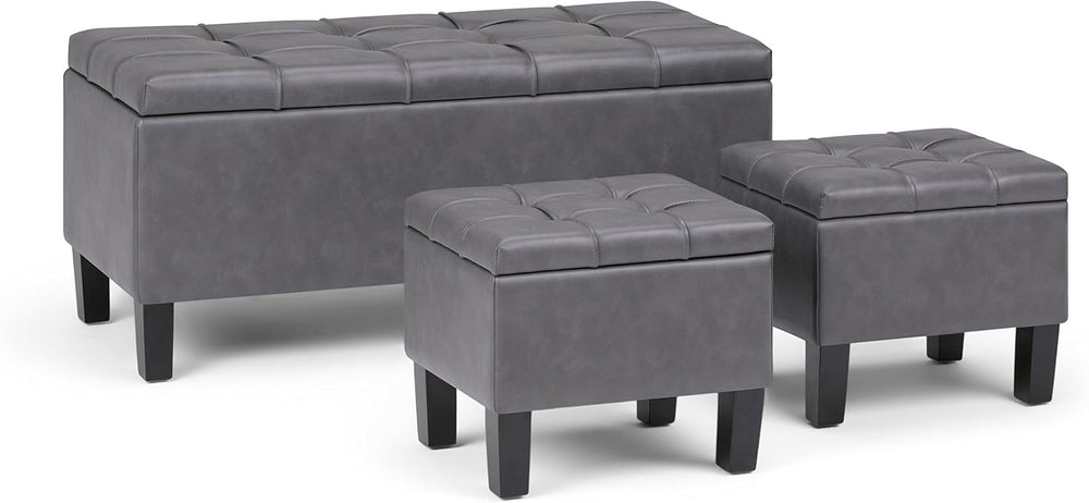 SIMPLIHOME Dover 44" Wide Vegan Leather Storage Ottoman in Grey (Set of 3)