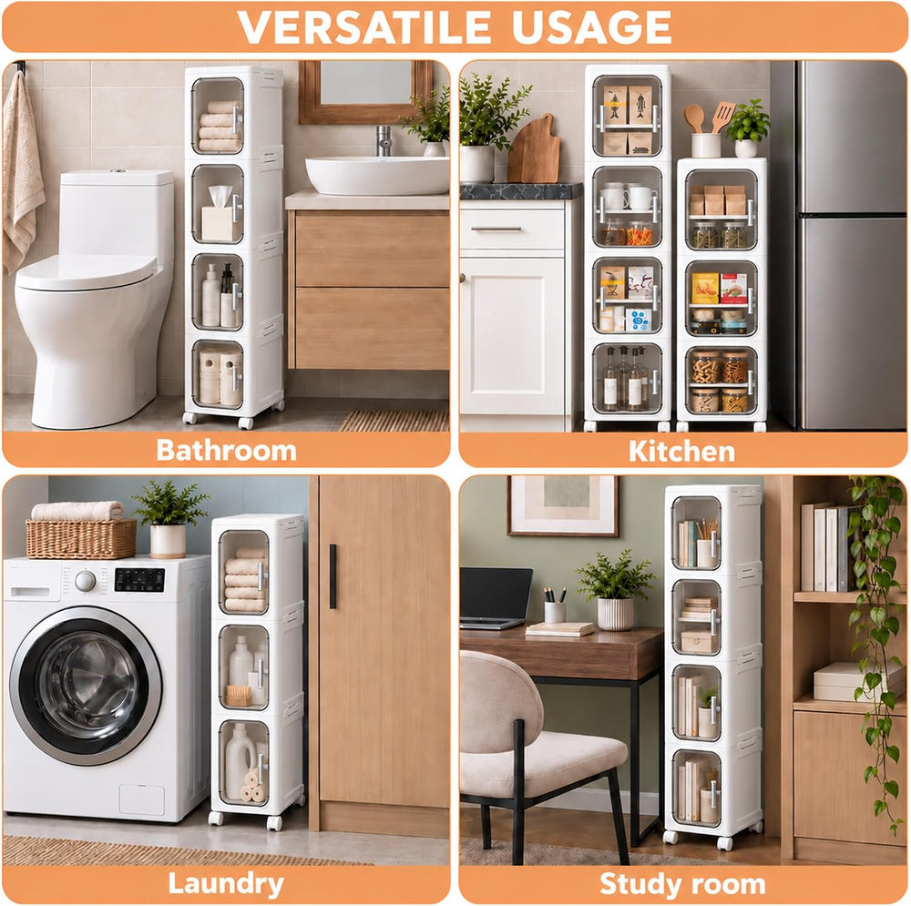 Narrow Slim Bathroom Storage Cabinet with Wheels, 2-Tier White