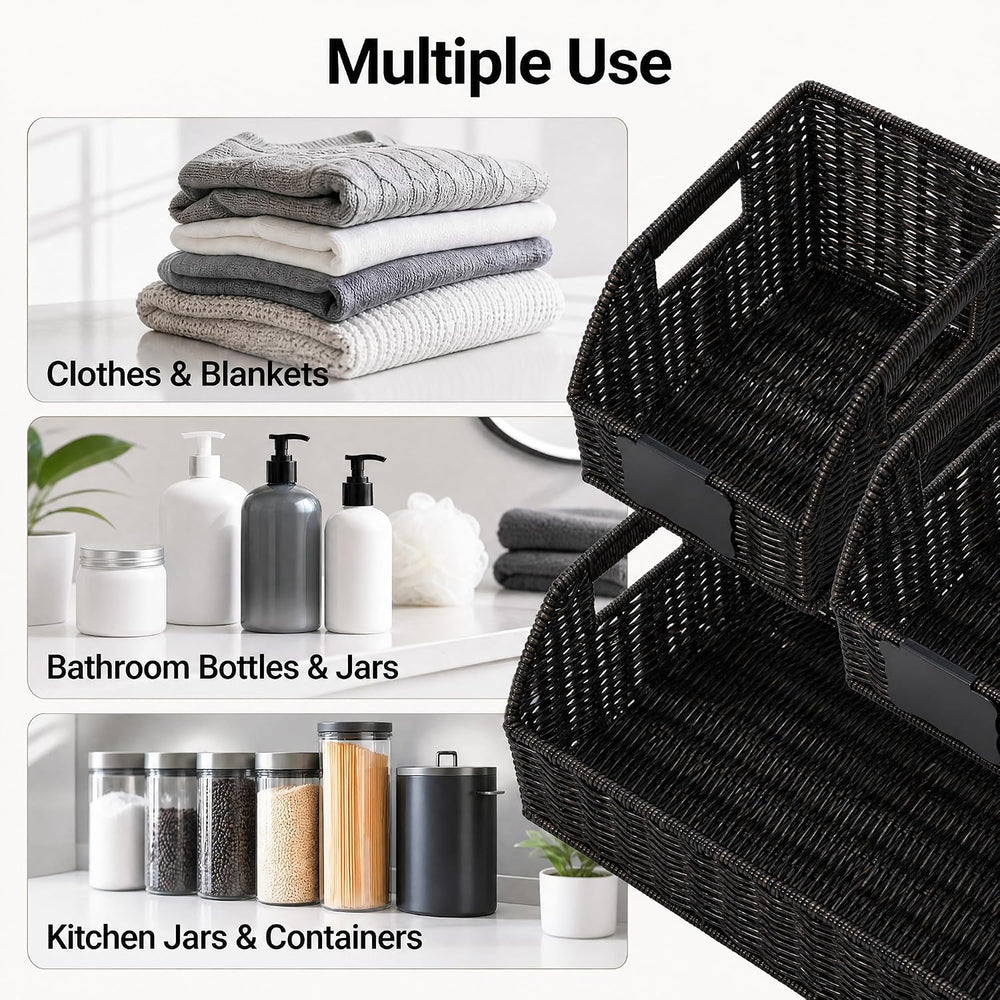 Brownlily Faux Wicker Pantry Storage Baskets, Black-Single Set (3-Piece)