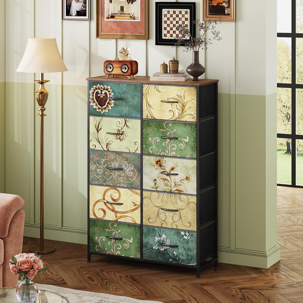 WLIVE Tall Dresser for Bedroom with 10 Fabric Drawers, Floral Painted