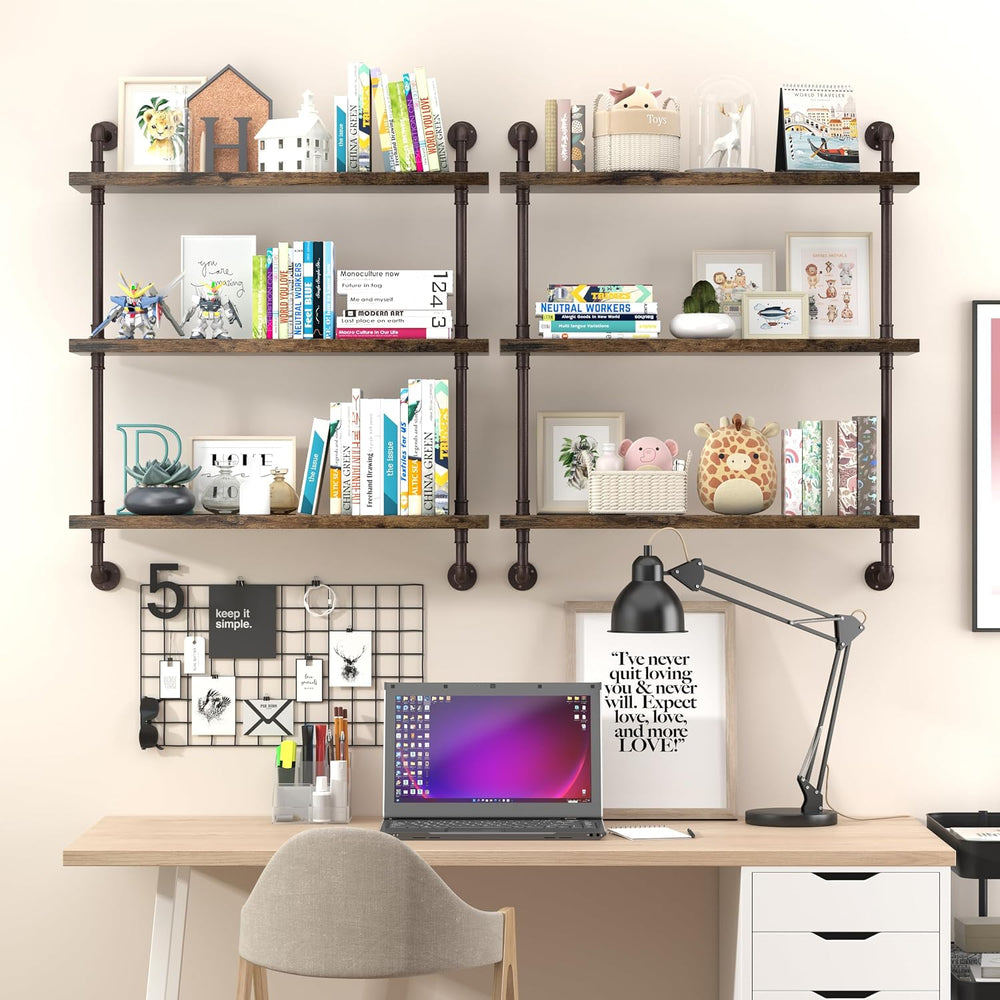 Helsin 3 Tier Industrial Pipe Shelf Rustic Wood Floating Wall Display Bookshe...