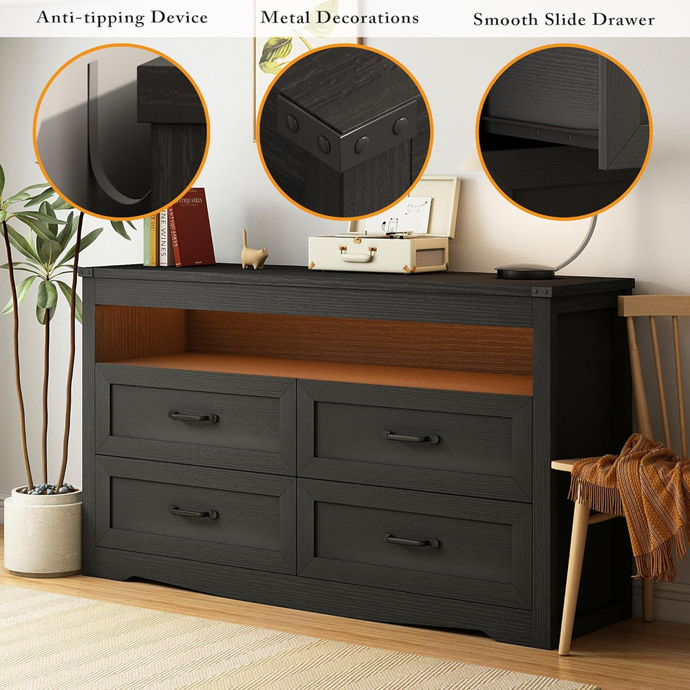 Wodeer Black Dresser for Bedroom, Wood 4 Drawer Dresser with LED Light, Dress...