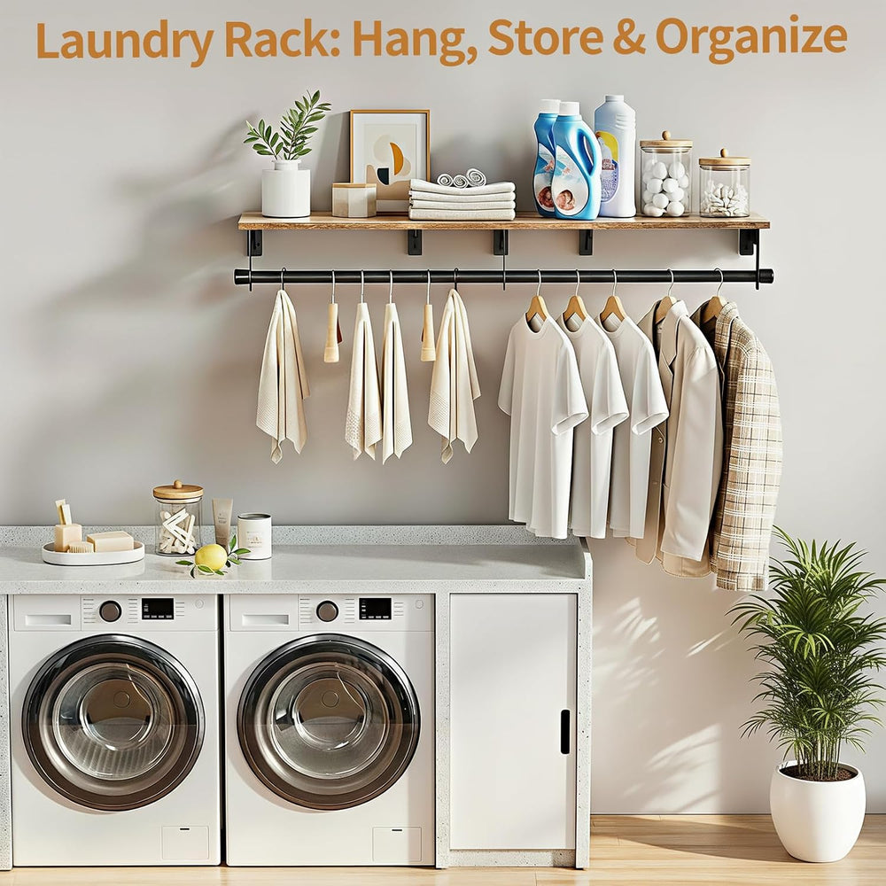 Luxspire 43.3" Wall Mount Clothes Rack with Wood Top Shelf Hanging Clothes