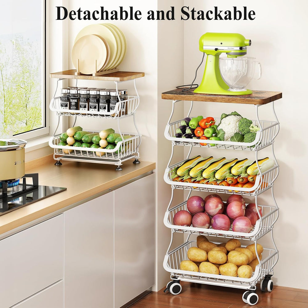 SAYZH 5-Tier Fruit and Vegetable Basket Stand for Kitchen, Wood Top, White