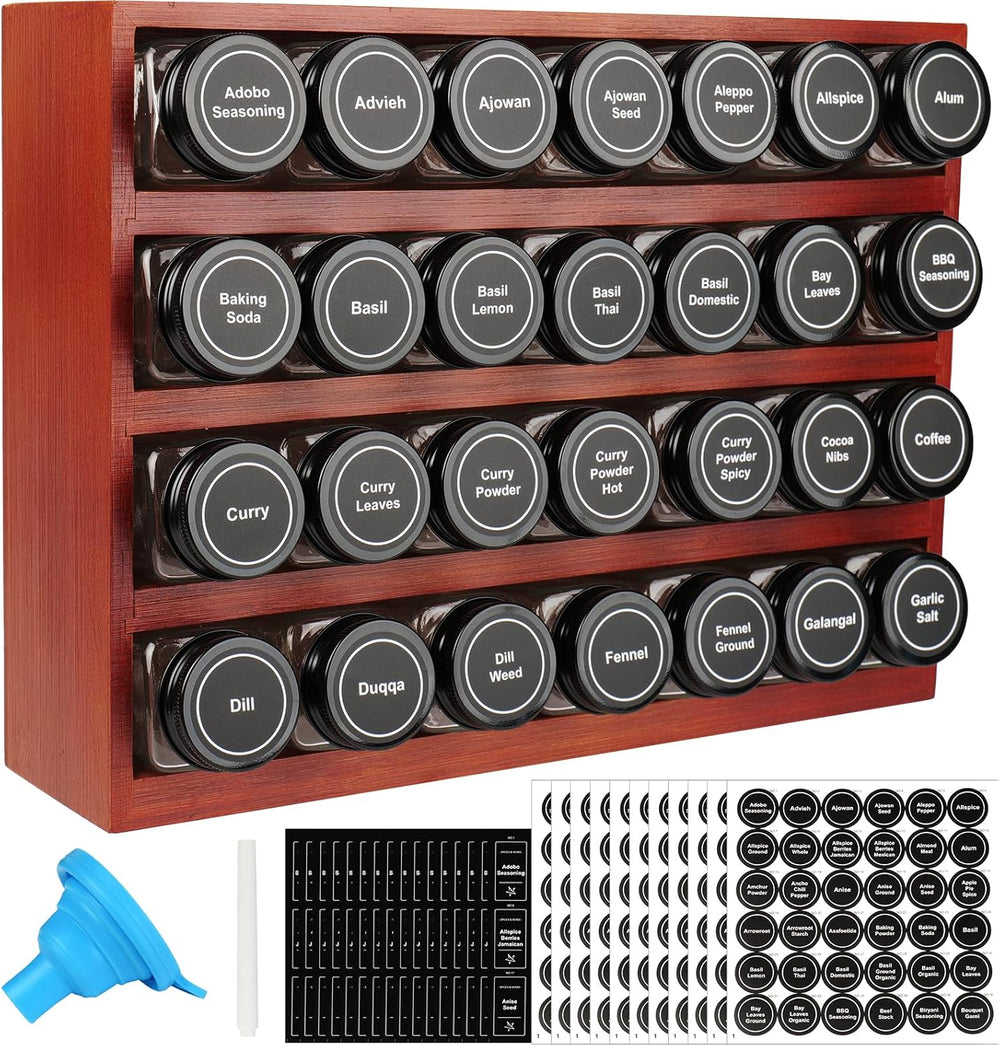 Bamboo Spice Rack Organizer with 28 Glass Spice Jars 4 oz Set Cherry Stain