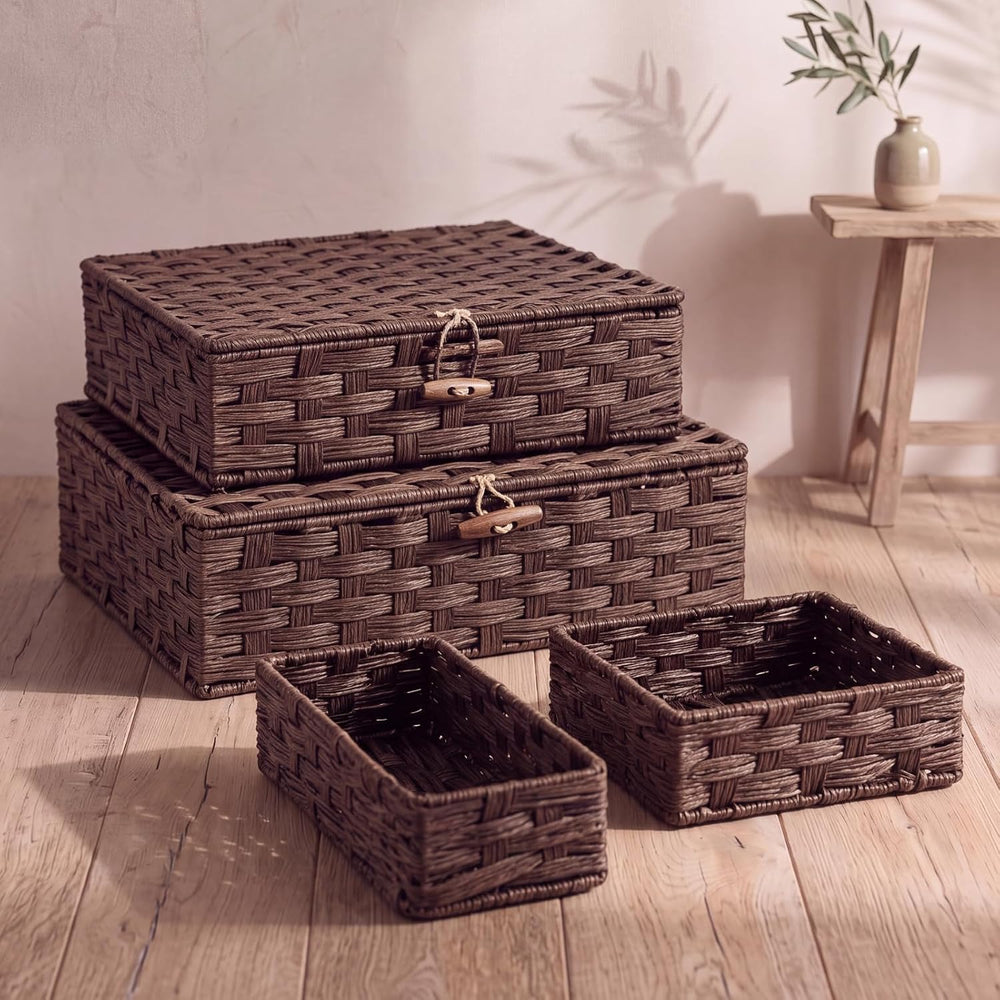 Newtay Set of 4 Woven Wicker Storage Baskets with Lids, Decorative Storage Bo...