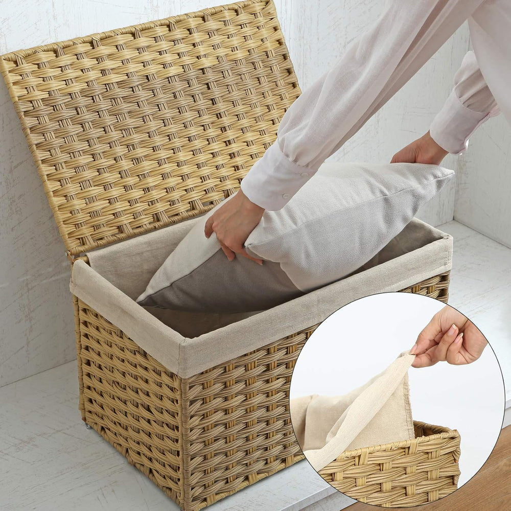 SONGMICS Woven Storage Basket with Lid, 17.2 Gallon (65L), Foldable
