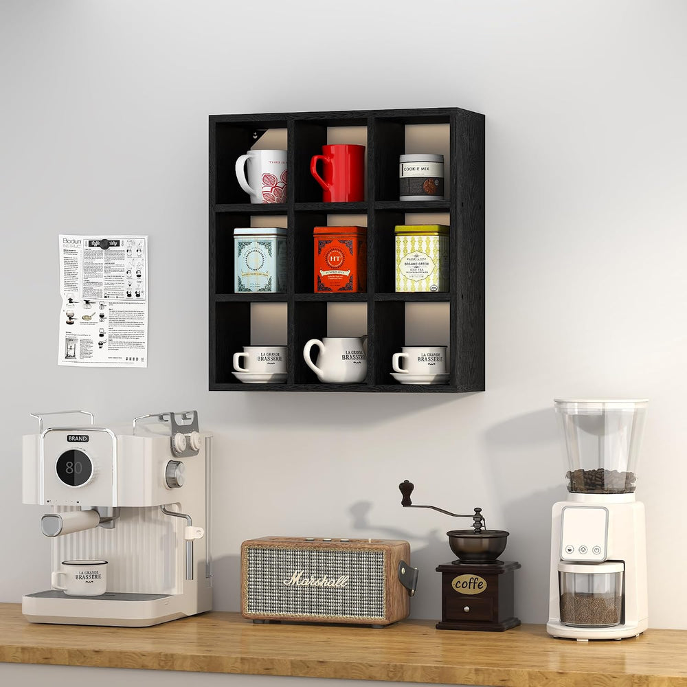 Helsin 9 Grid Vintage Coffee Mug Display Rack, 16inch Wall Mounted Wooden Cur...