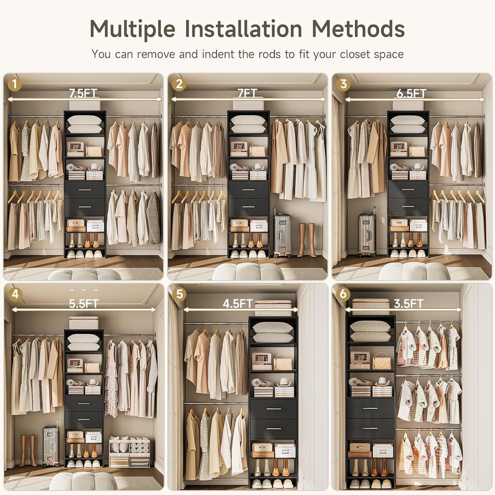 ONBRILL W2 Closet System with 2 Drawers 3.5FT-7.7FT Closet Organizer System