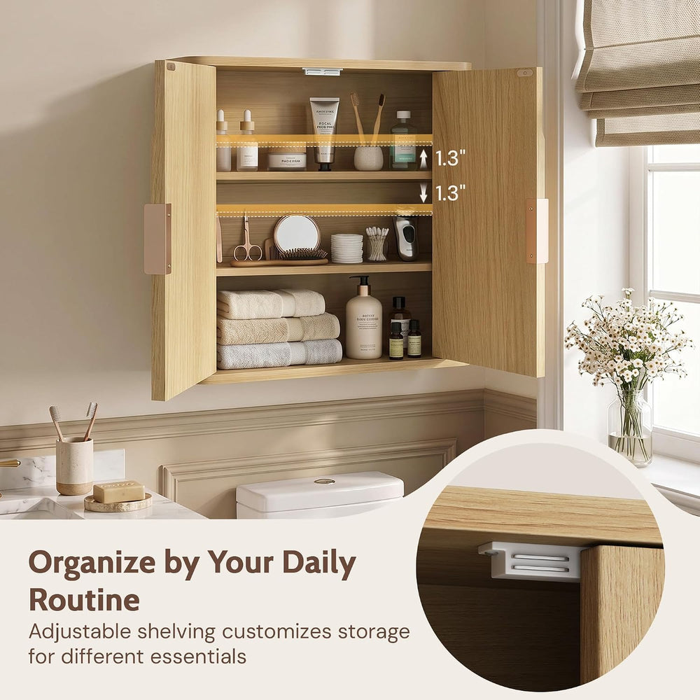 Fluted Bathroom Wall Cabinet with 2 Doors, 3-Tier Wood Wall Mounted Medicine ...
