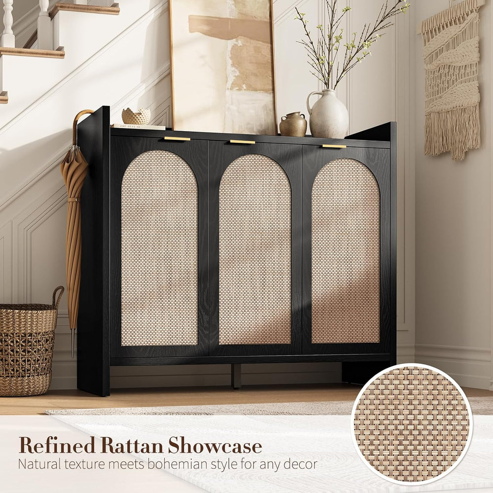 Shoe Cabinet Storage for Entryway - Rattan Accent Cabinet with 3 Doors & ...