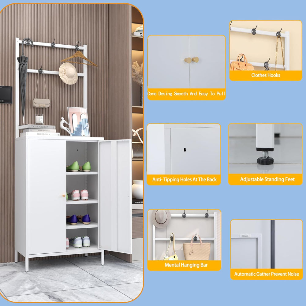 Tall Metal Shoe Cabinet with Coat Rack,Shoe Storage Cabinet with Doors,Hangin...