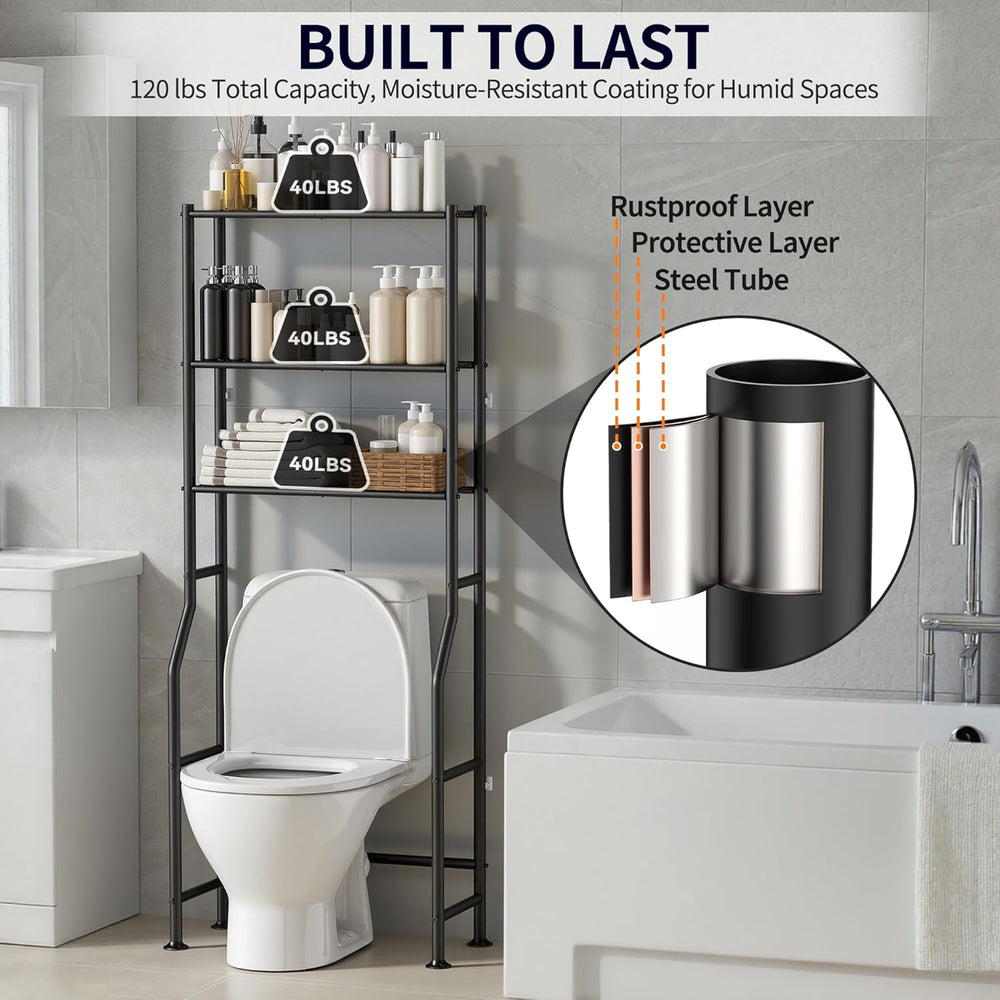 3-Tier Over Toilet Storage Cabinet, No Drilling, 64" H, Black