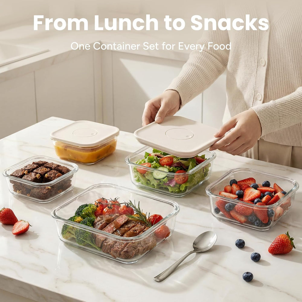 SMIRLY Glass Food Storage Containers with Lids & Organizer, 5-Pack, Cream