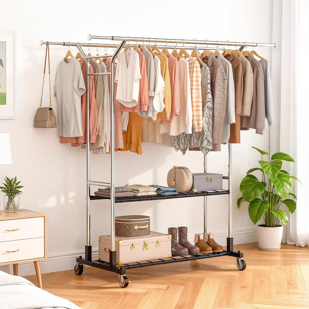 Luxspire Double Rod Clothing Racks for Hanging Clothes Load 650 LBS, Silver
