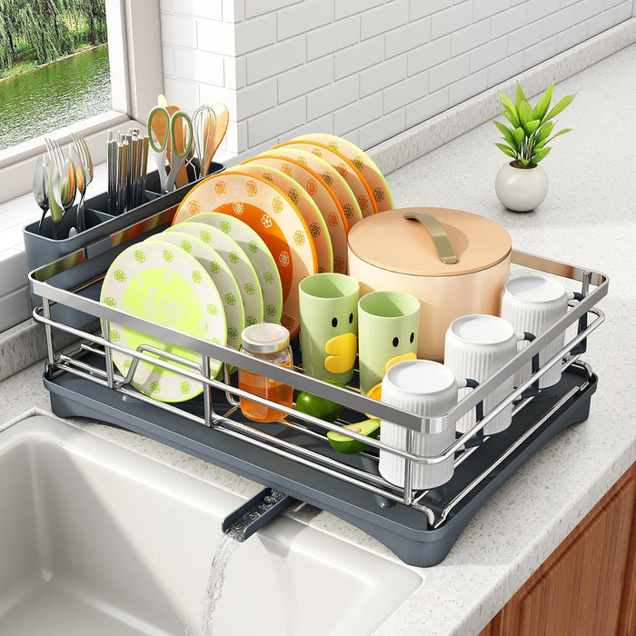 SAYZH Dish Drying Rack for Kitchen Counter with Utensil Holder, Silver