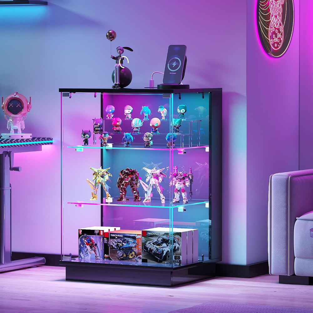 HNEBC Glass Display Cabinet with USB Charging Station&LED Lights,Black