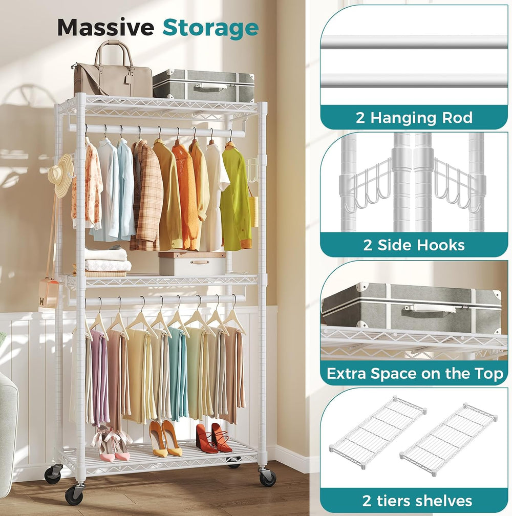 OLIXIS Rolling Clothes Rack, Heavy Duty Garment Rack, 29.5 IN, Metal White