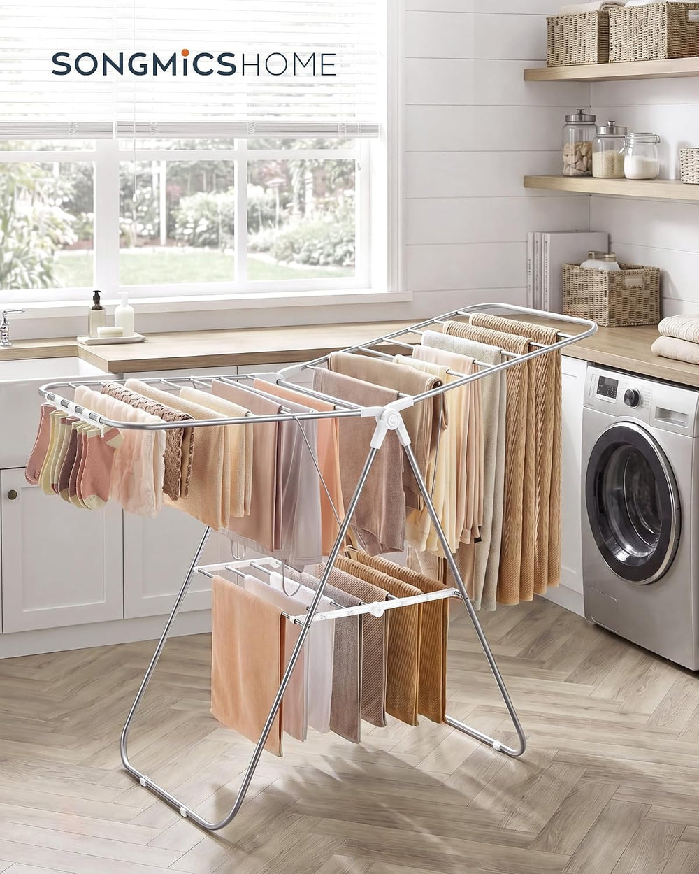 SONGMICS HOME Clothes Drying Rack with Wings, Foldable Laundry Rack with Sock...