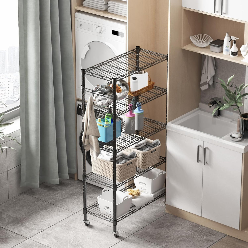 Homdox 5 Tier Metal Storage Shelves with Wheels, Heavy Duty Wire Shelving Uni...